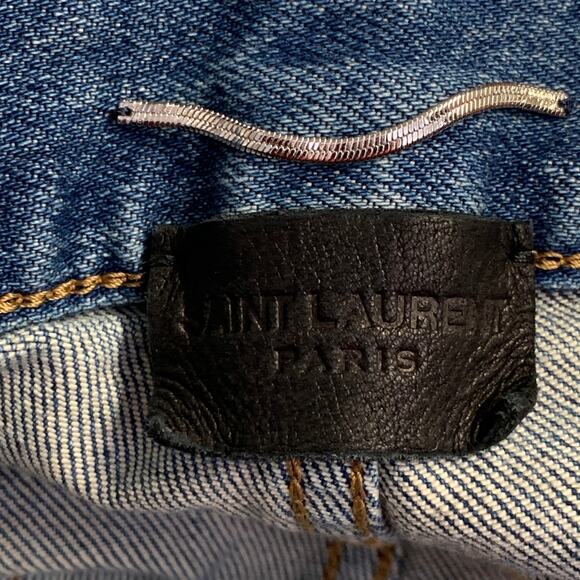 SAINT LAURENT Size 30 Blue Distressed Cotton Blend Twill Slim Tapered Jeans - Picture 4 of 7